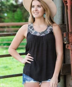 Doe & Rae Tops Black Aztec Trim Lace Up Back Tank