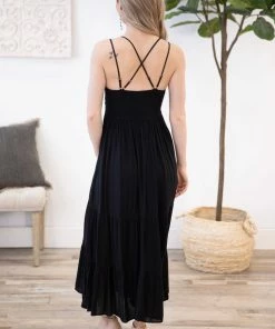 Blue B Dresses Black Lace Thin Strap Criss-Cross Back Dress