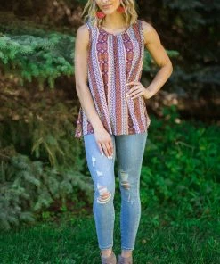 P & Rose Tops Rust And Orange Boho Print Tank