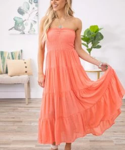 HyFve Dresses Salmon Smocked Bodice Strapless Maxi Dress