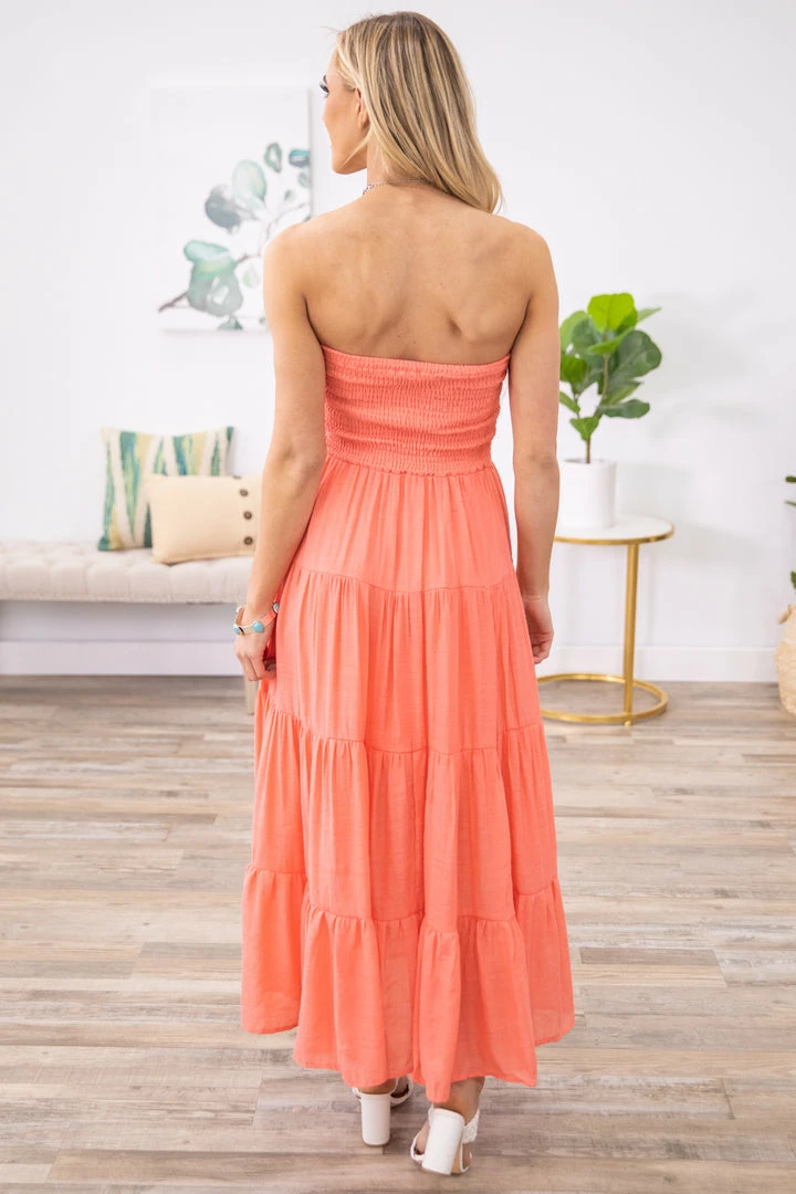 HyFve Dresses Salmon Smocked Bodice Strapless Maxi Dress 5 HyFve Dresses Salmon Smocked Bodice Strapless Maxi Dress