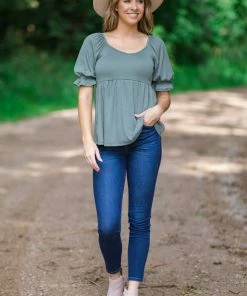 Staccato Sage Rib Knit Puff Sleeve Babydoll Top Tops