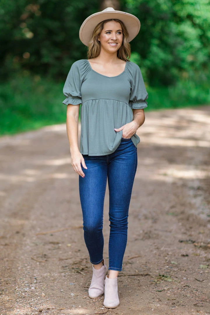 Staccato Sage Rib Knit Puff Sleeve Babydoll Top Tops 4 Staccato Sage Rib Knit Puff Sleeve Babydoll Top Tops