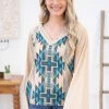 Shewin Tan And Turquoise Aztec Print Bell Sleeve Top LONG SLEEVES