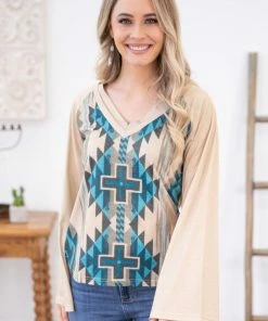 Shewin Tan And Turquoise Aztec Print Bell Sleeve Top LONG SLEEVES