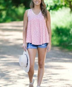 Lovely Melody Tops Coral And White Ditsy Floral Rib Knit Tank