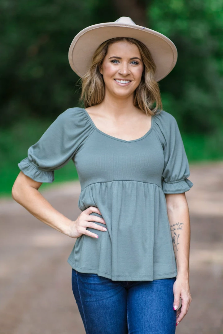 Staccato Sage Rib Knit Puff Sleeve Babydoll Top Tops 3 Staccato Sage Rib Knit Puff Sleeve Babydoll Top Tops