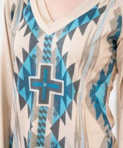 Shewin Tan And Turquoise Aztec Print Bell Sleeve Top LONG SLEEVES