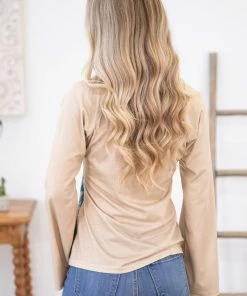 Shewin Tan And Turquoise Aztec Print Bell Sleeve Top LONG SLEEVES