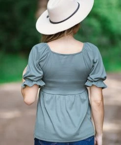 Staccato Sage Rib Knit Puff Sleeve Babydoll Top Tops 7 Staccato Sage Rib Knit Puff Sleeve Babydoll Top Tops