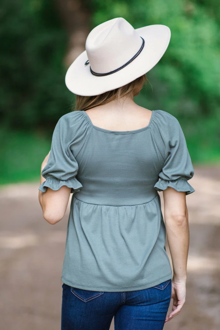 Staccato Sage Rib Knit Puff Sleeve Babydoll Top Tops 5 Staccato Sage Rib Knit Puff Sleeve Babydoll Top Tops