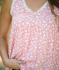 Lovely Melody Tops Coral And White Ditsy Floral Rib Knit Tank