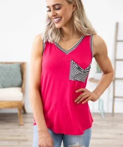 Lovely Melody Hot Pink V-Neck Tank With Stripe Trim