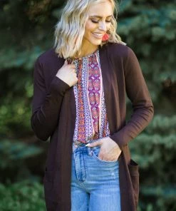 Cielo Tops PRE-ORDER Brown Lightweight Mid Length Cardigan Shipping 8/1