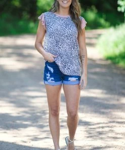 Haptics Peach And Grey Animal Print Flutter Sleeve Top Tops