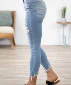 Zenana Light Wash Distressed Cropped Skinny Jeans