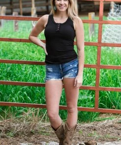 Zenana Black Rib Knit Henley Tank