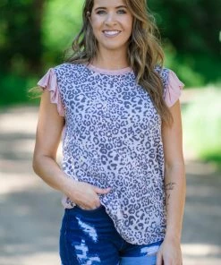 Haptics Peach And Grey Animal Print Flutter Sleeve Top Tops