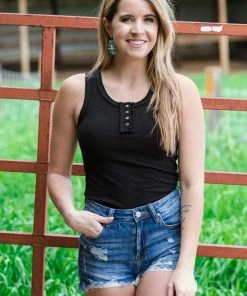 Zenana Black Rib Knit Henley Tank