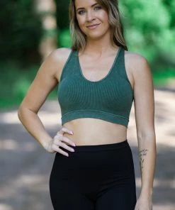 Zenana Hunter Green Washed Rib Knit Bralette Tops
