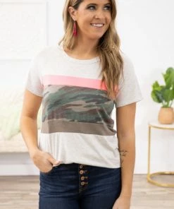 Vanilla Bay Light Grey Heathered Camo Colorblock Top Tops