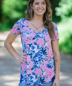 Twenty Ten Blush Multicolor Floral Criss-Cross Floral Top Tops