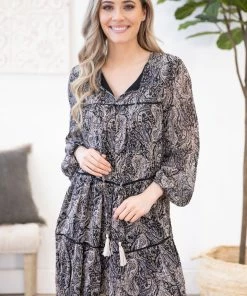 LLOVE Dresses Black Multicolor Paisley Print Dress