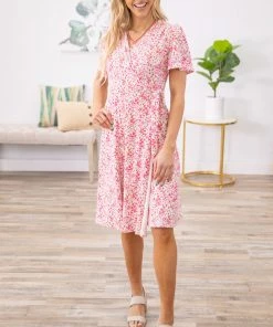 Acting Pro Pink And White Floral Faux Wrap Dress