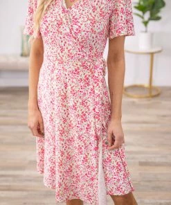 Acting Pro Pink And White Floral Faux Wrap Dress