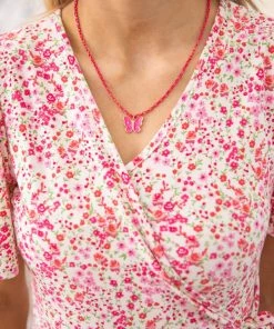 OMG Blings Accessories Hot Pink Enamel Necklace With Butterfly Charm