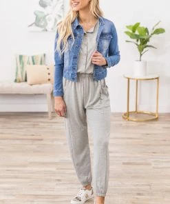 Shop Basic USA Grey Short Sleeve Jumpsuit With Pockets Dresses