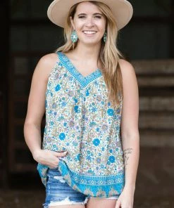 Hailey And Co Tops Sky Blue Floral Print Pleat Detail