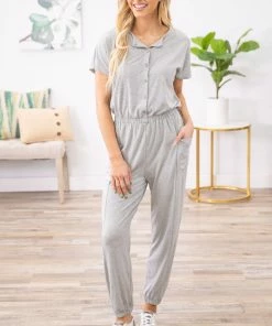 Shop Basic USA Grey Short Sleeve Jumpsuit With Pockets Dresses