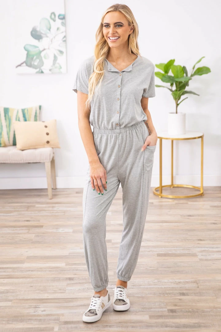 Shop Basic USA Grey Short Sleeve Jumpsuit With Pockets Dresses 3 Shop Basic USA Grey Short Sleeve Jumpsuit With Pockets Dresses