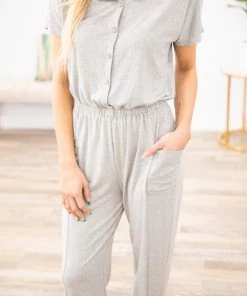 Shop Basic USA Grey Short Sleeve Jumpsuit With Pockets Dresses 9 Shop Basic USA Grey Short Sleeve Jumpsuit With Pockets Dresses