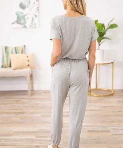 Shop Basic USA Grey Short Sleeve Jumpsuit With Pockets Dresses 8 Shop Basic USA Grey Short Sleeve Jumpsuit With Pockets Dresses
