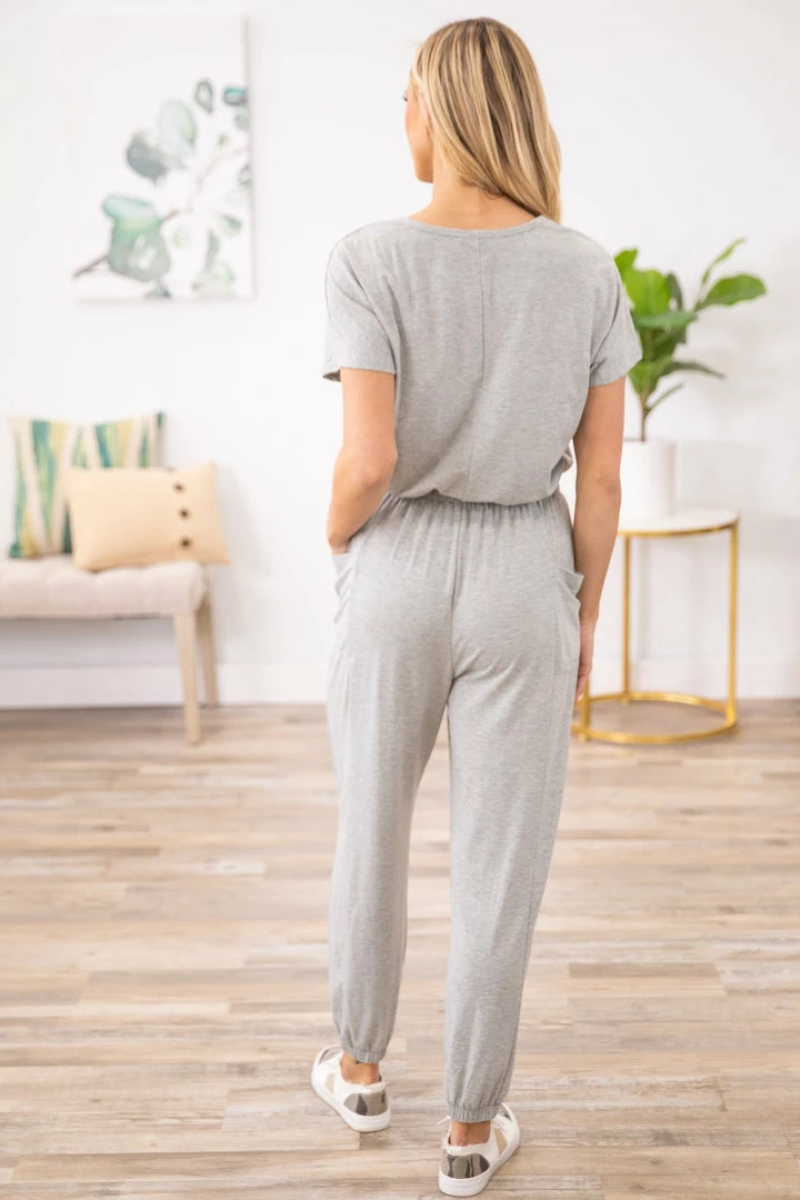 Shop Basic USA Grey Short Sleeve Jumpsuit With Pockets Dresses 5 Shop Basic USA Grey Short Sleeve Jumpsuit With Pockets Dresses