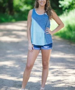 Haptics Dusty Blue And Aqua Heathered Colorblock Tank Tops