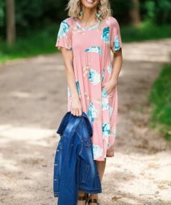 Hailey And Co Dresses Blush And Aqua Floral Print Midi Dress