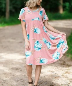 Hailey And Co Dresses Blush And Aqua Floral Print Midi Dress