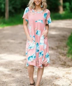 Hailey And Co Dresses Blush And Aqua Floral Print Midi Dress