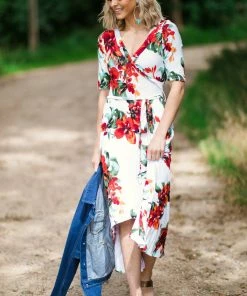 Hailey And Co White And Red Floral Surplice Front Dress