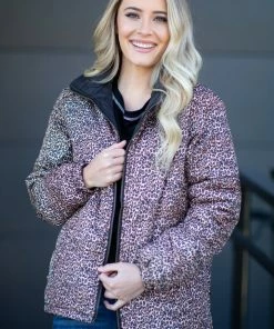 Max Apparel Brown Animal Print Reversible Puffer Jacket Outerwear