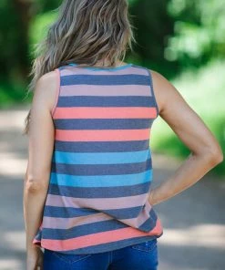 Haptics Charcoal And Coral Stripe Tank Tops
