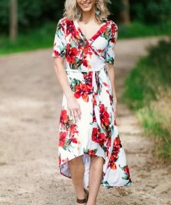 Hailey And Co White And Red Floral Surplice Front Dress