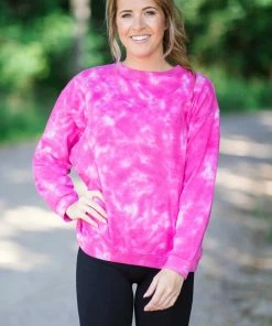 Sew In Love Hot Pink Tie Dye Acid Wash Sweatshirt Tops