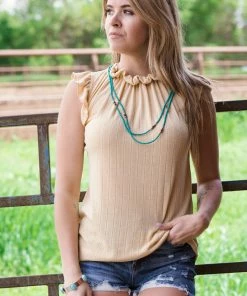 7th Ray Light Mustard Rib Knit Ruffle Sleeveless Top Tops