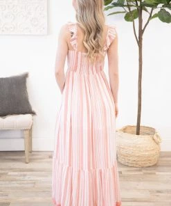 Staccato Coral And White Vertical Stripe Maxi Dress Dresses