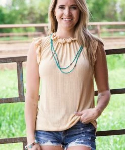 7th Ray Light Mustard Rib Knit Ruffle Sleeveless Top Tops