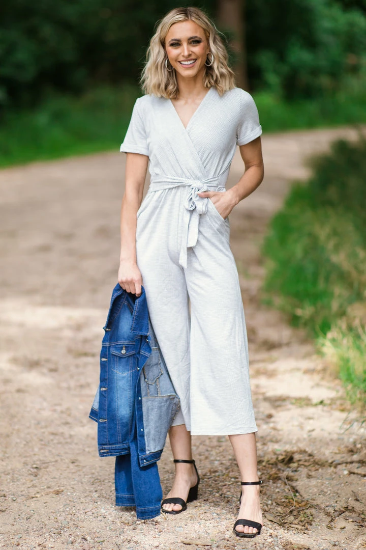 Hailey And Co Light Grey Surplice Front Jumpsuit Dresses 3 Hailey And Co Light Grey Surplice Front Jumpsuit Dresses